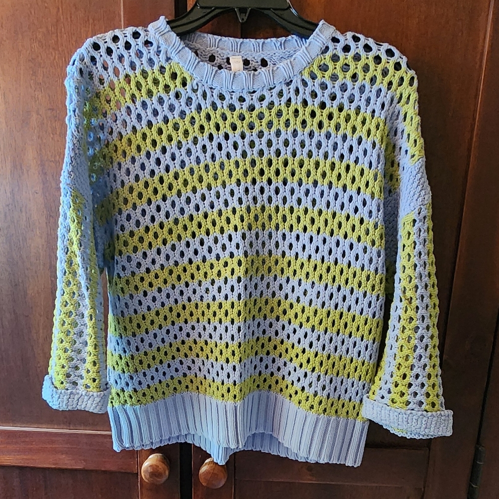 Wishlist Blue and Green Crochet Crew Neck Sweater
